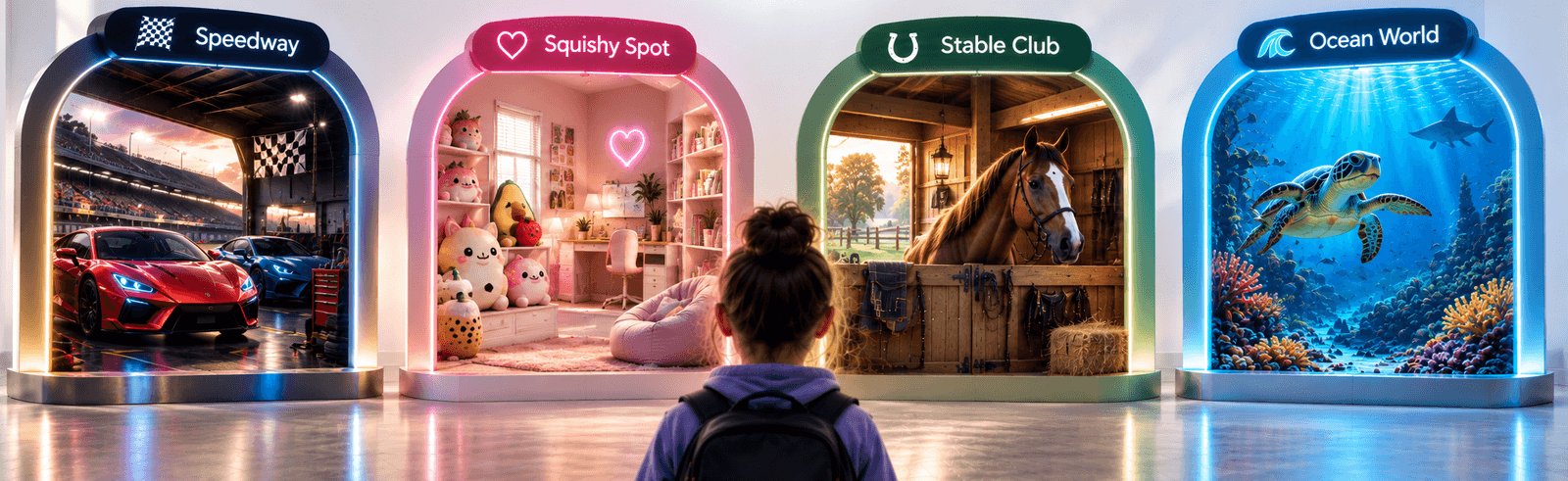 Four worlds to work toward in qivo quest — Speedway, Squishy Spot, Stable Club and Ocean World — as glowing portals a student looks up at