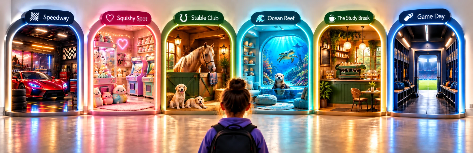 A student looks up at six glowing portals: Speedway, Squishy Spot, Stable Club, Ocean Reef, The Study Break and Game Day